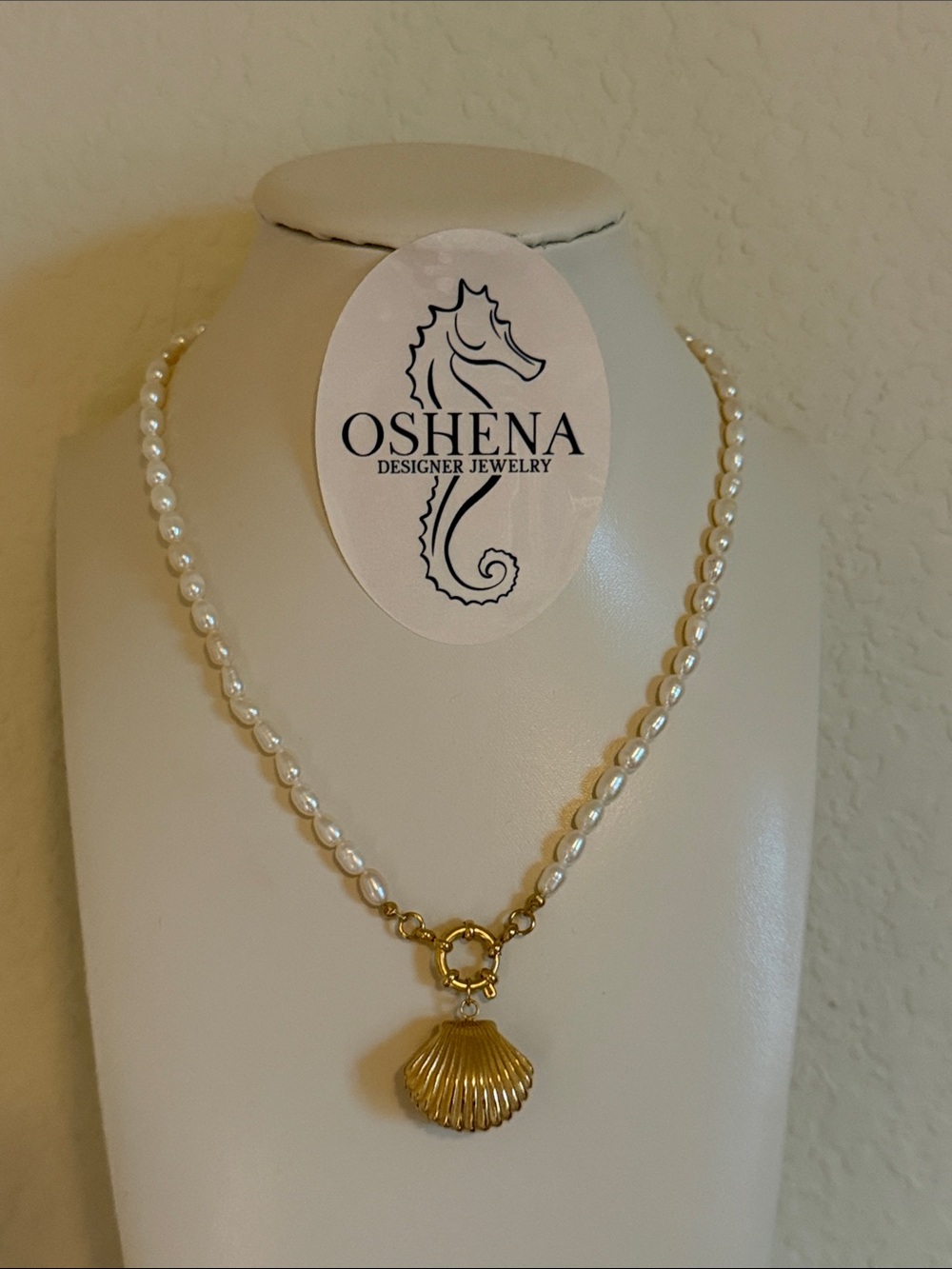 Oshena - Selene Shell Necklace -Gold Shell Pendant Pearl Necklace - White Pearls